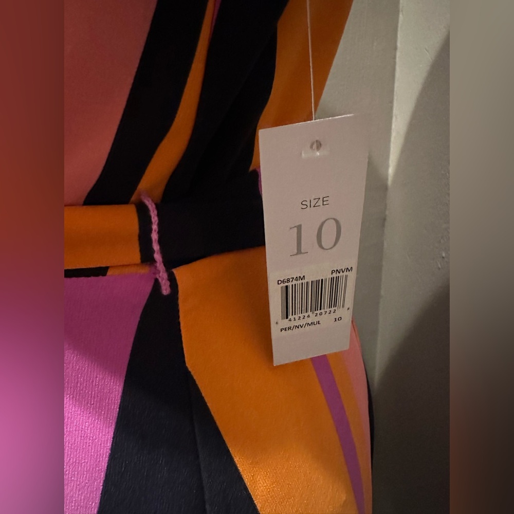 Donna Morgan Pink, Orange & Black Striped Faux-Wrap Midi Dress - Picture 5 of 10